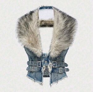 ROMWE Hippie Y2K Removable Faux Fur Collar Denim Vest